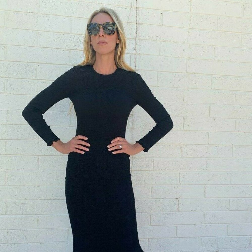 RHODE RESORT Black Smocked Bodycon Ruffle Solid Zip-Up Midi Dress XXS